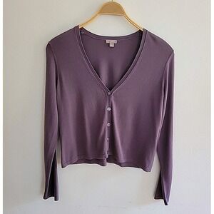J Jill Cardigan Plum Purple Silk Blend Thin Knit V Neck Button Up Boxy Fit Chic